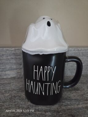 Rae Dunn Black Ceramic 'Happy Haunting' Mug with White Ghost Lid